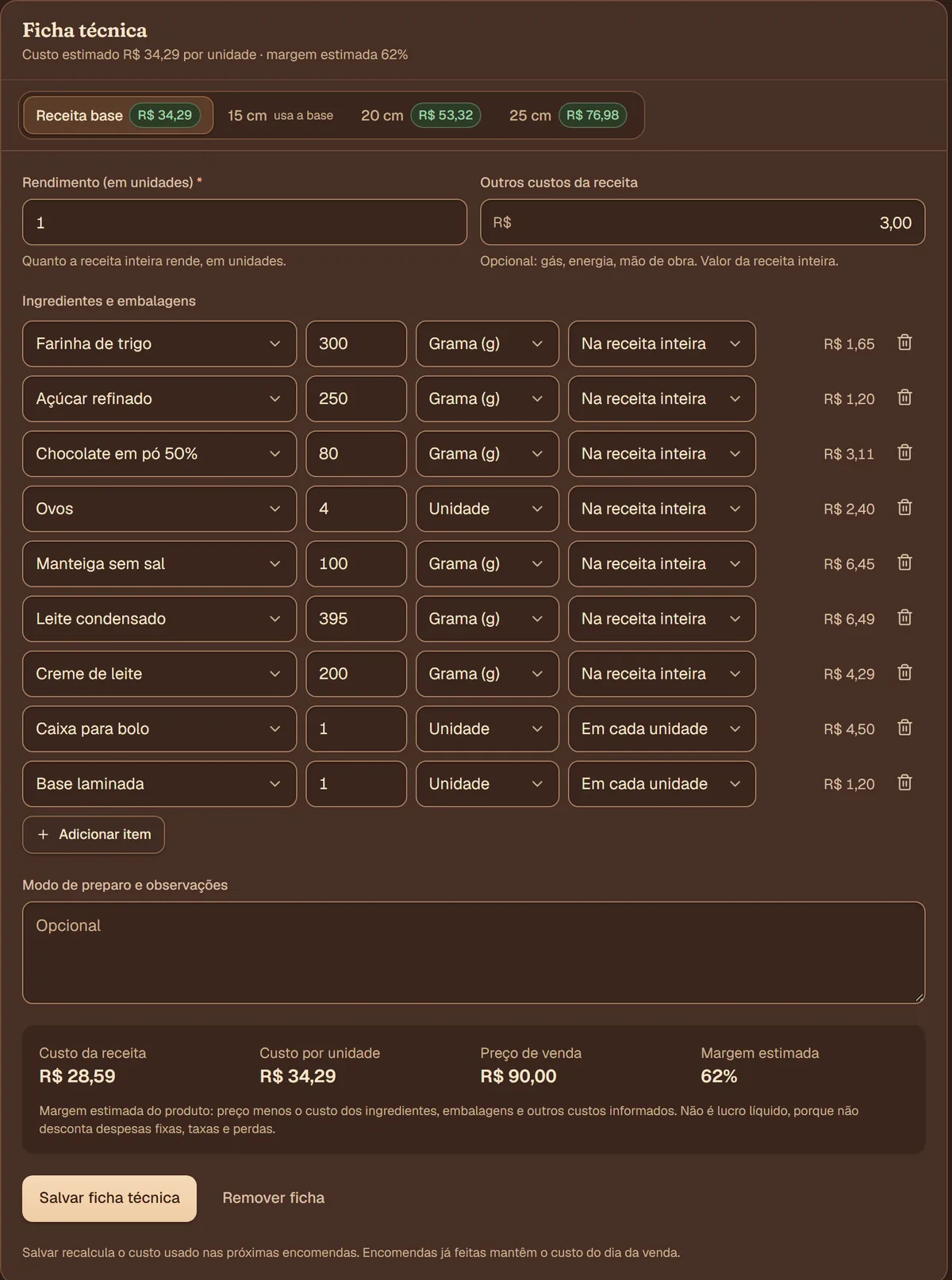 Ficha técnica de um bolo no DoceFluxo com ingredientes, quantidades, custo por unidade e margem estimada.