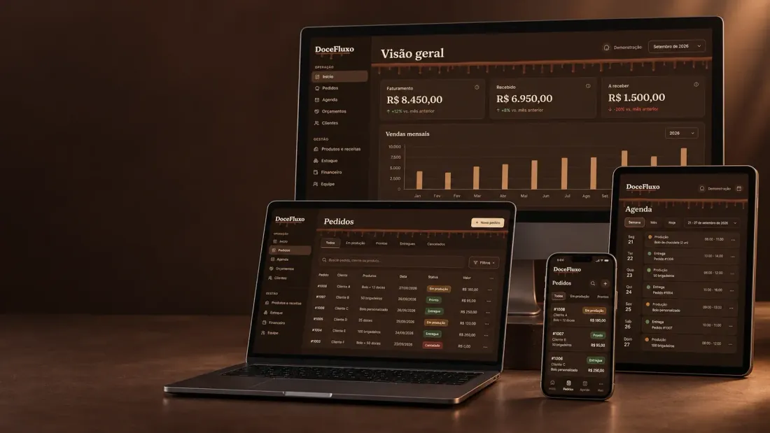 DoceFluxo aberto em monitor, notebook, tablet e celular, com as telas de visão geral, pedidos e agenda.